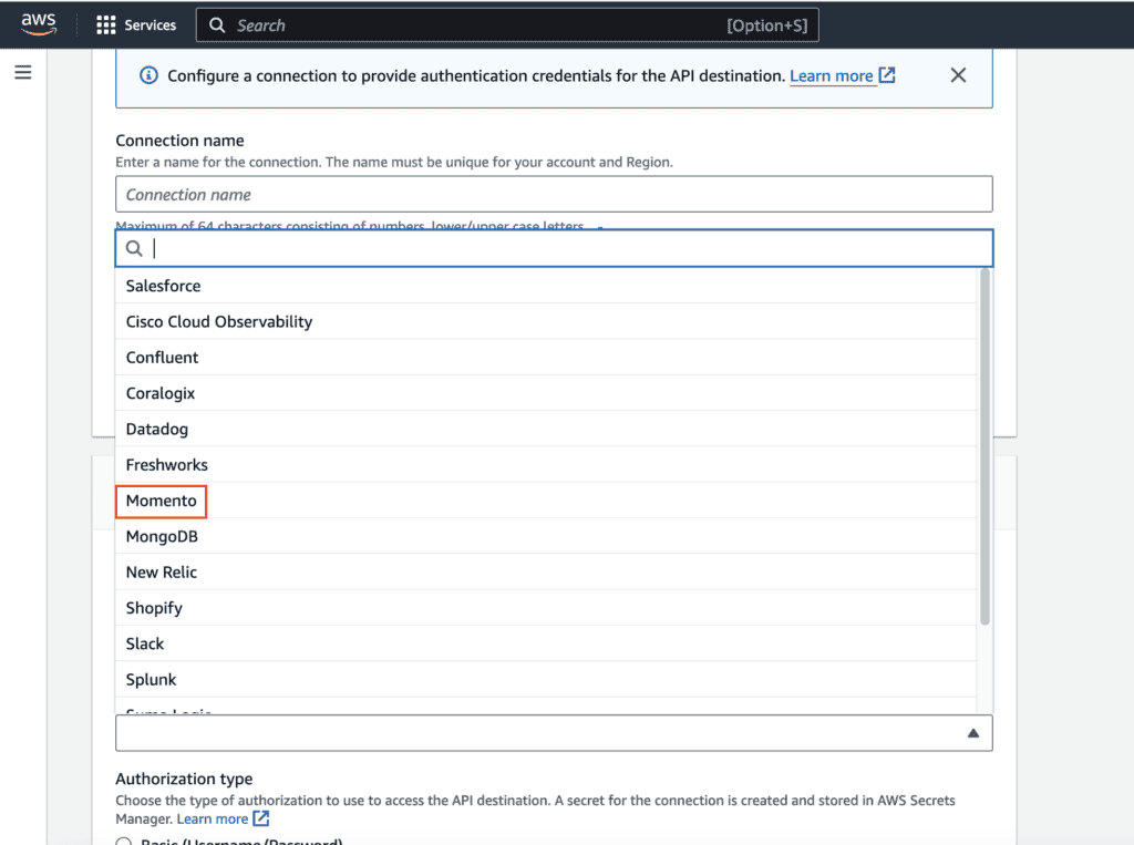 screenshot of picking Momento in the AWS console